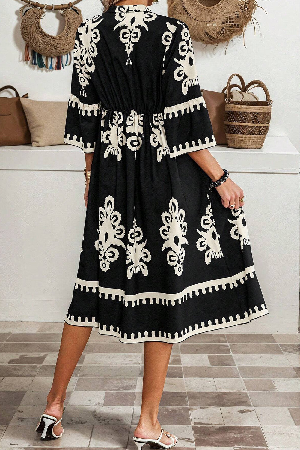 Black Western Geometric Print 3/4 Sleeve Loose Midi Dress - Back View