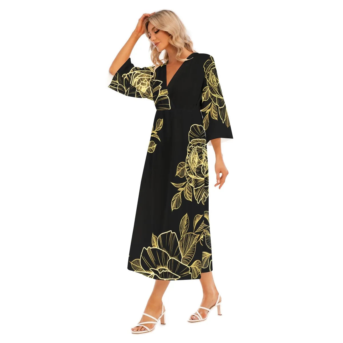 Women's Mid-Sleeve Long Dress - Front Left View