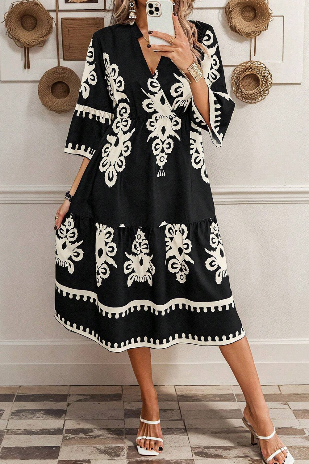 Black Western Geometric Print 3/4 Sleeve Loose Midi Dress - Front View