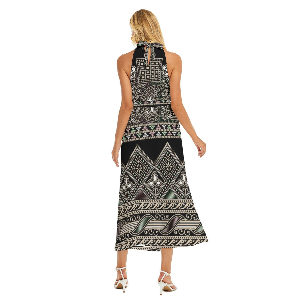 All-Over Print Women's Wrap Hem Belted Halter Dress