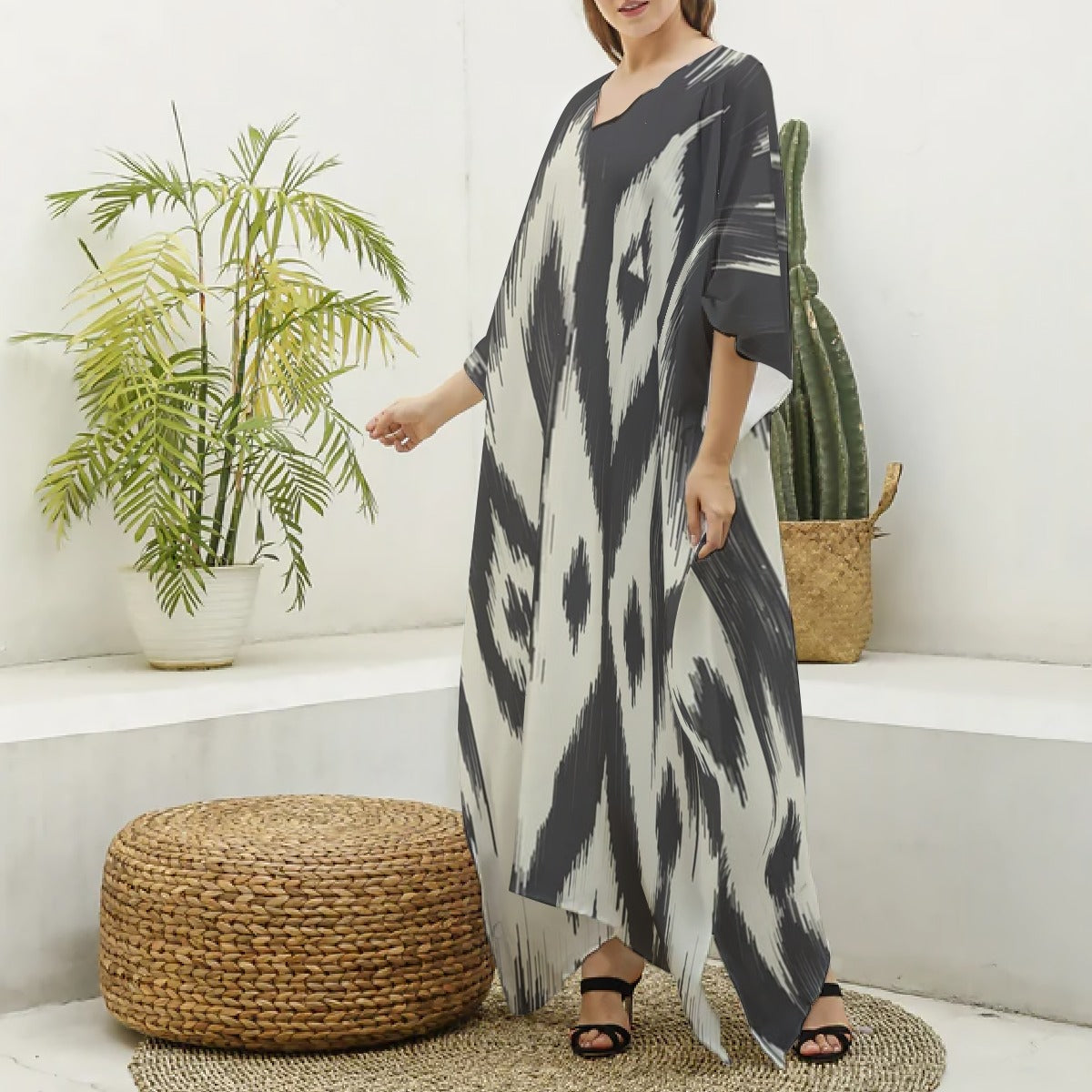 Women's Imitation Silk V-neck Kaftan Robe - Front left side view