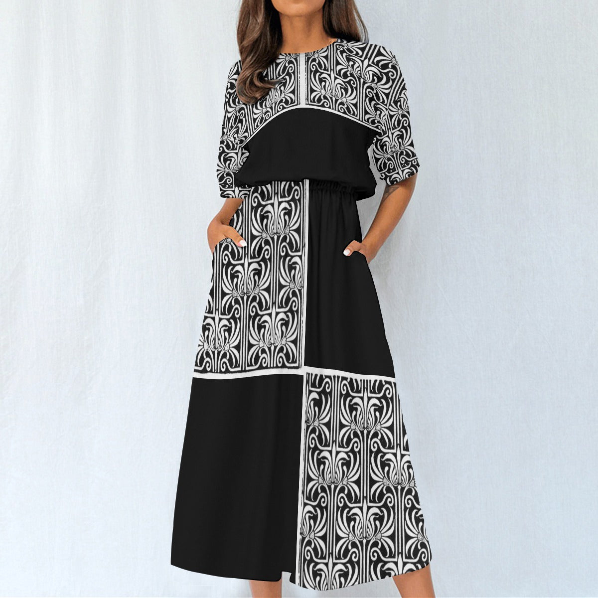 Women's All-Over Design Dress with Stretch Waist - Front View