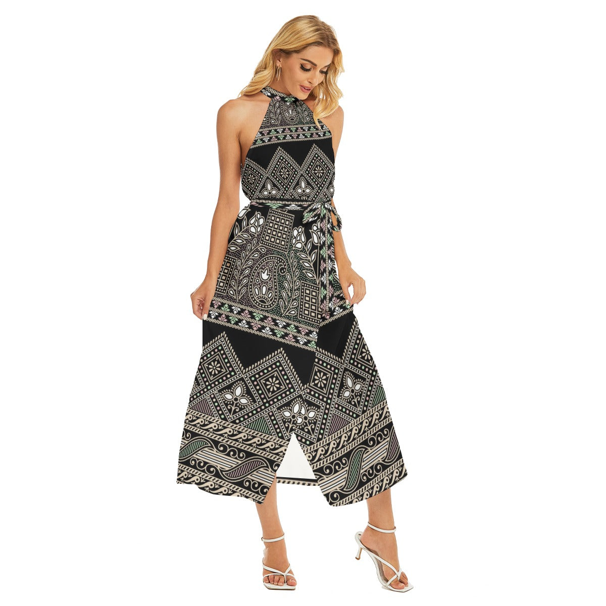 All-Over Print Women's Wrap Hem Belted Halter Dress