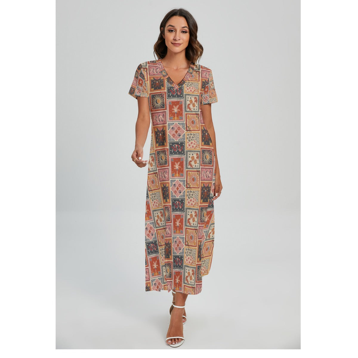 All-Over Print Women's V-neck Dress With Side Slit