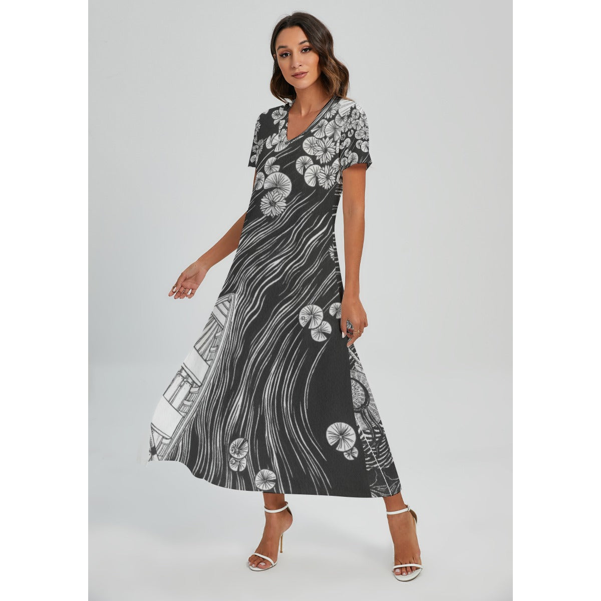 Contemporary Print V-Neck Women's Dress with Side Slit - Front Left View