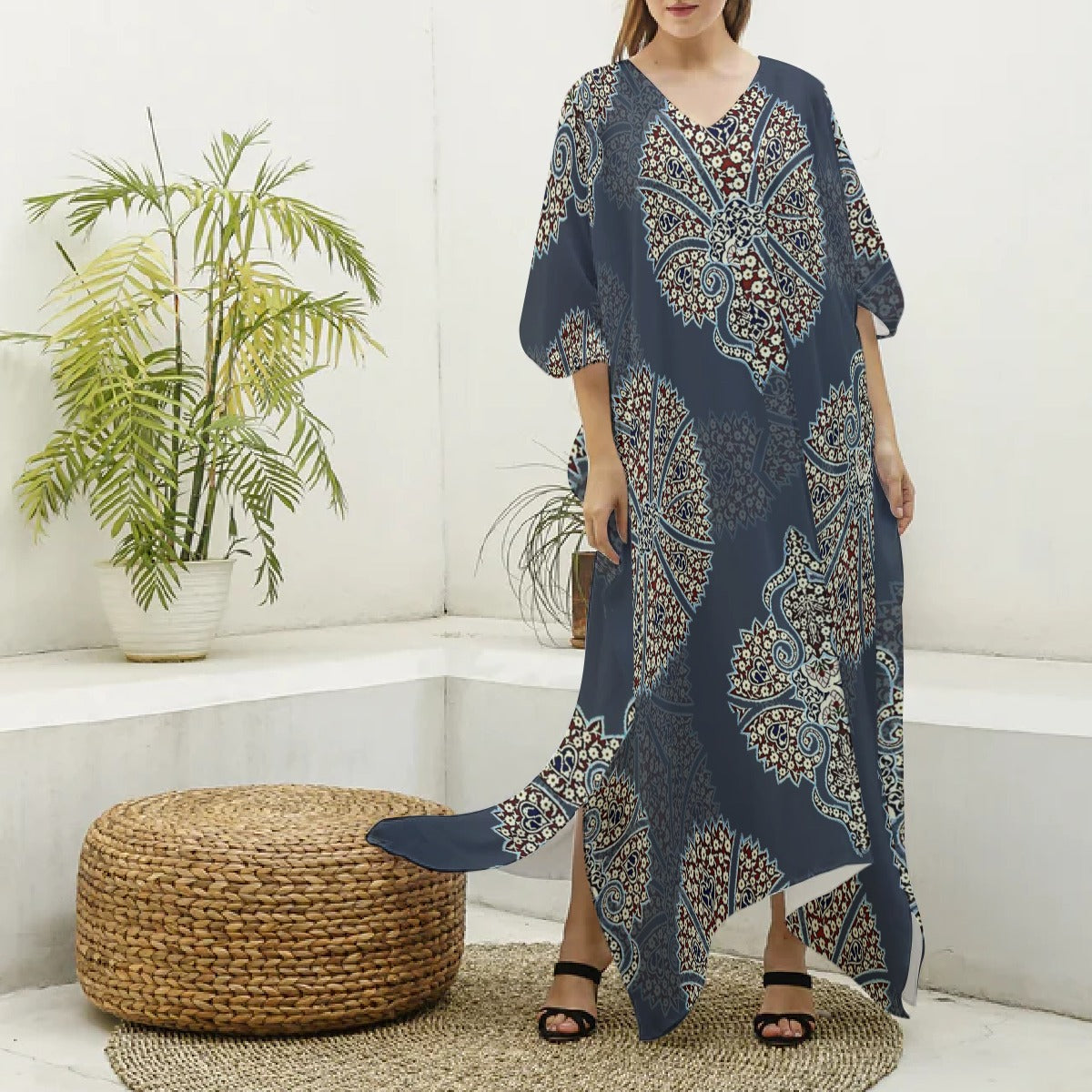 All-Over Print Women's Imitation Silk V-neck Kaftan Robe