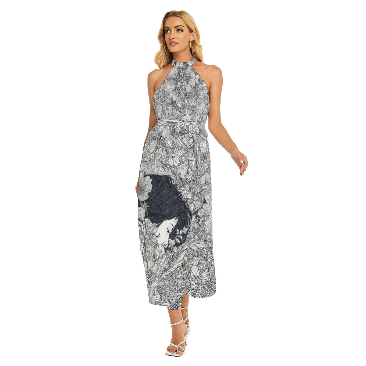 Elegant All-Over Print Halter Dress with Stylish Wrap and Belt - Front View