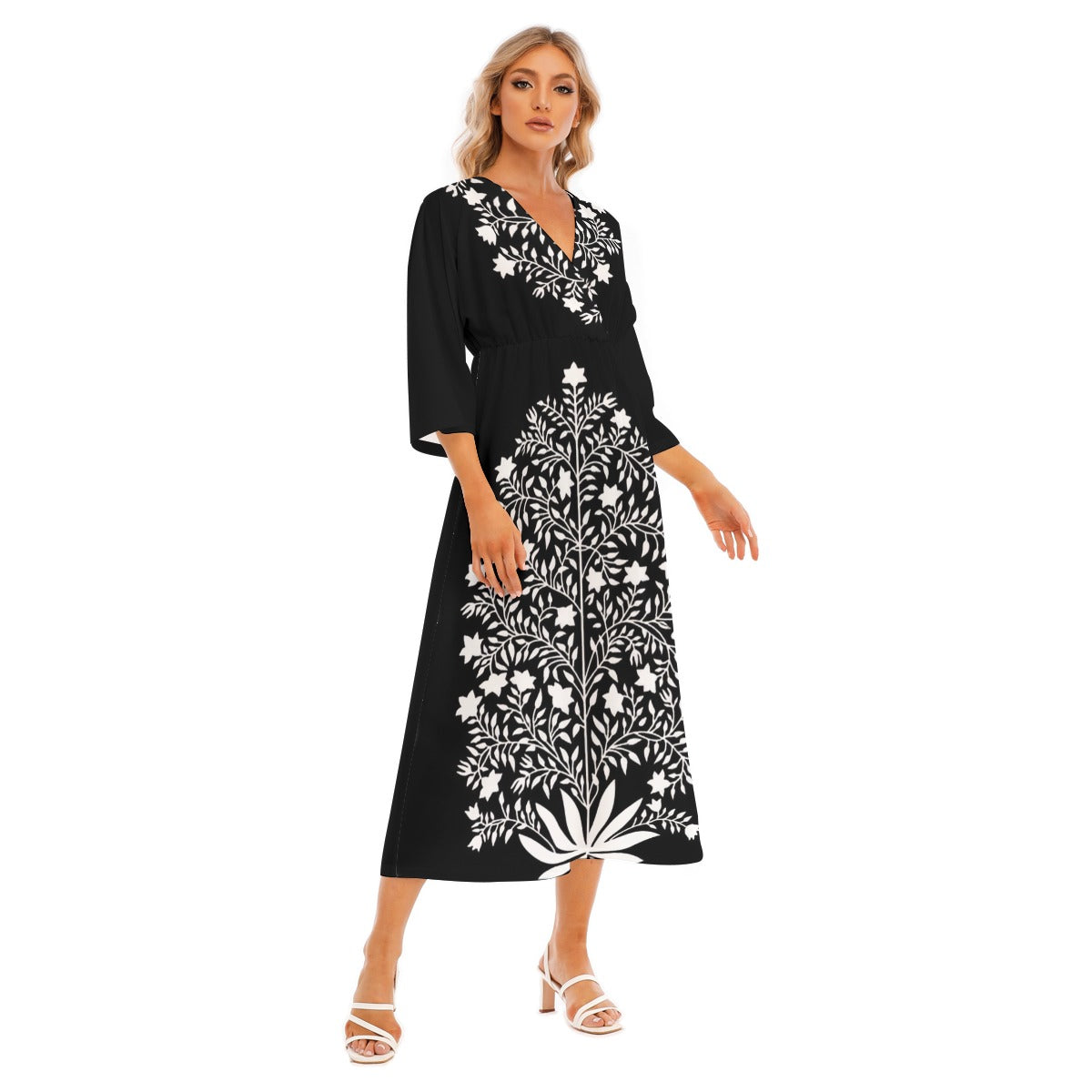 Statement Print Mid-Sleeve Long Dress for Women - Front Right View