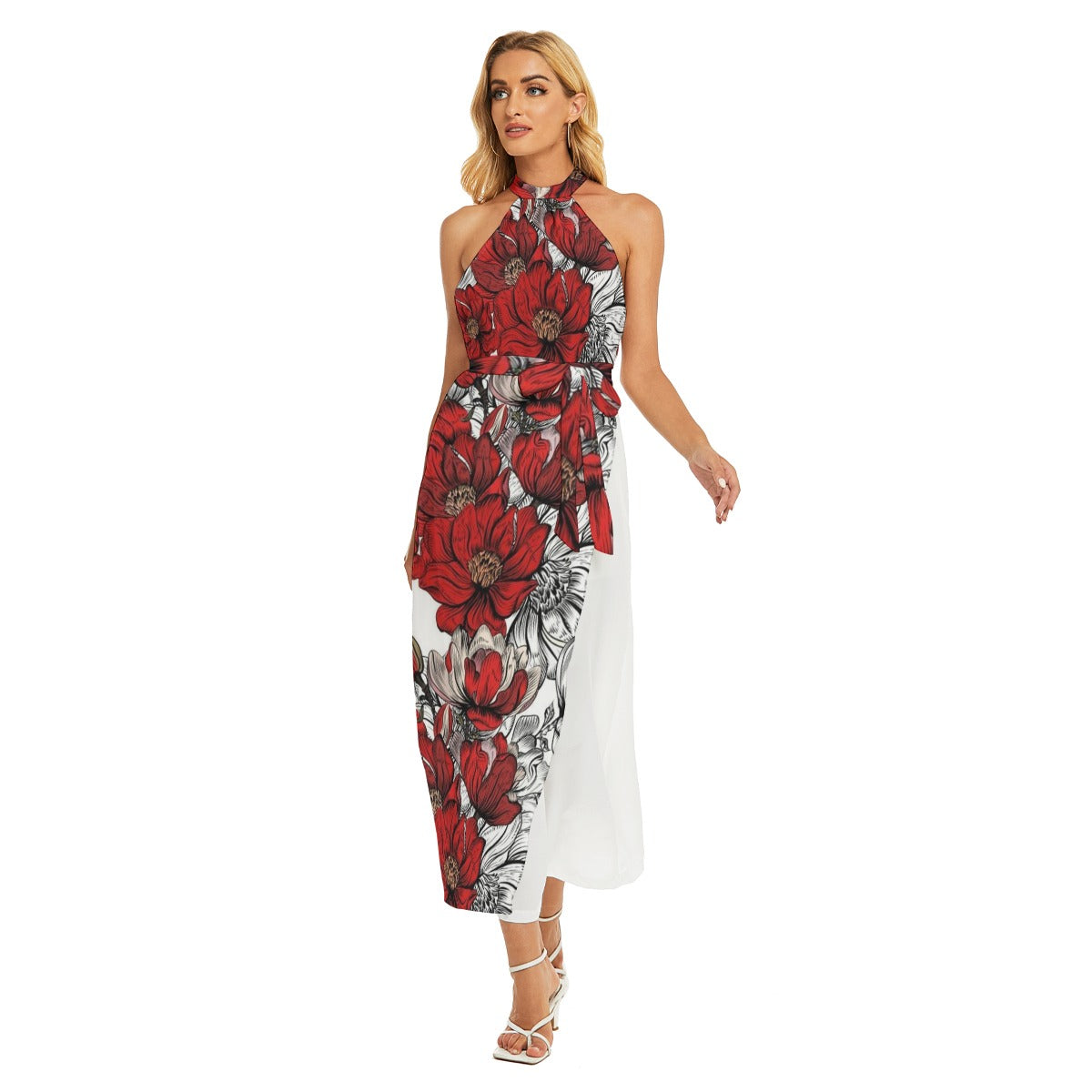 Summer Vibes Belted Halter Dress with All-Over Pattern - Front View