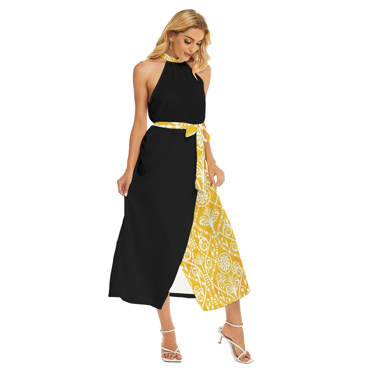 Flattering Women's Halter Dress with Stylish Belt and Print - Front Right View