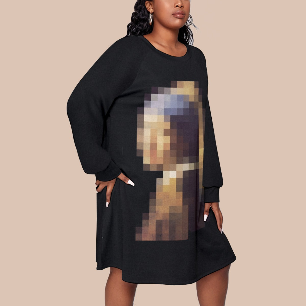 Trendy Plus-Size Women's Dress with Printed Raglan Sleeves - Front Right View