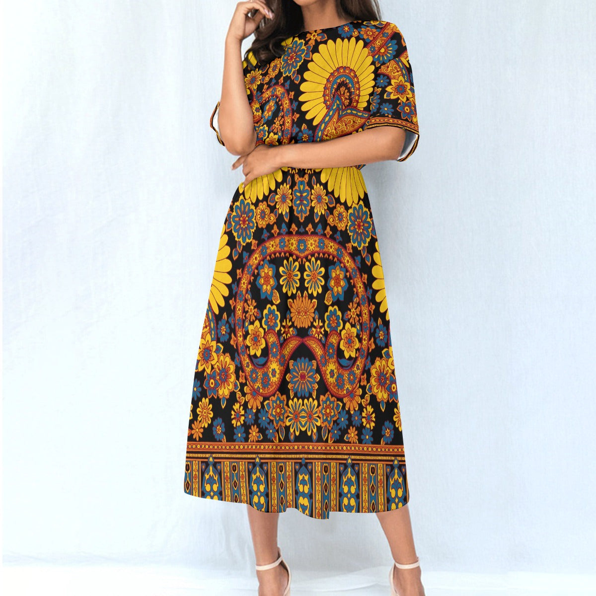 Bold Print Elastic Waist Midi Dress - Front View