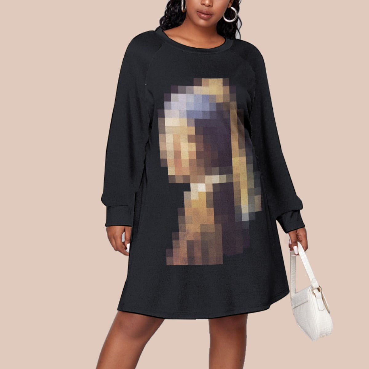 Trendy Plus-Size Women's Dress with Printed Raglan Sleeves - Front View 1