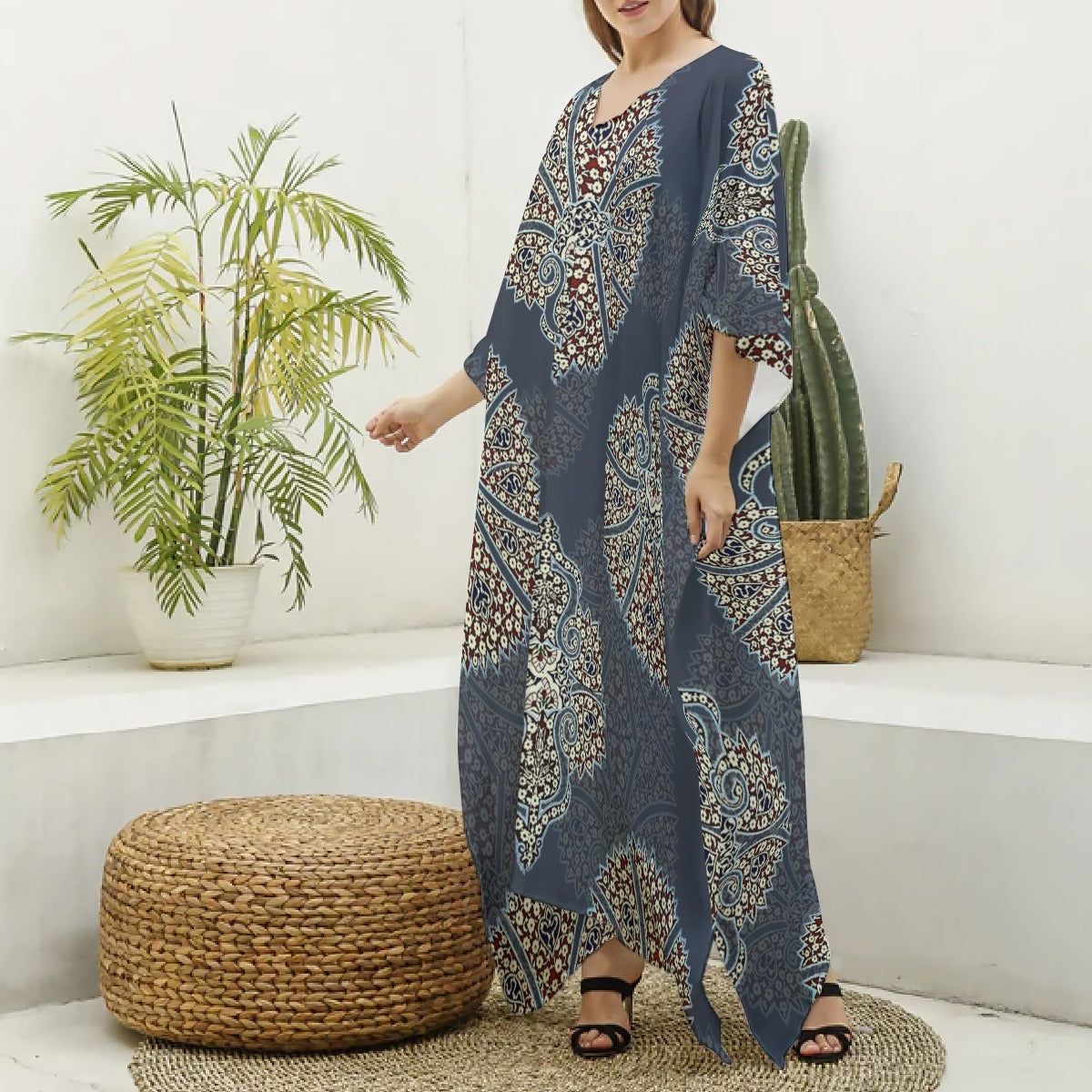 All-Over Print Women's Imitation Silk V-neck Kaftan Robe