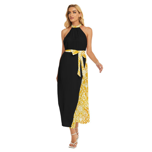 Flattering Women's Halter Dress with Stylish Belt and Print - Front View