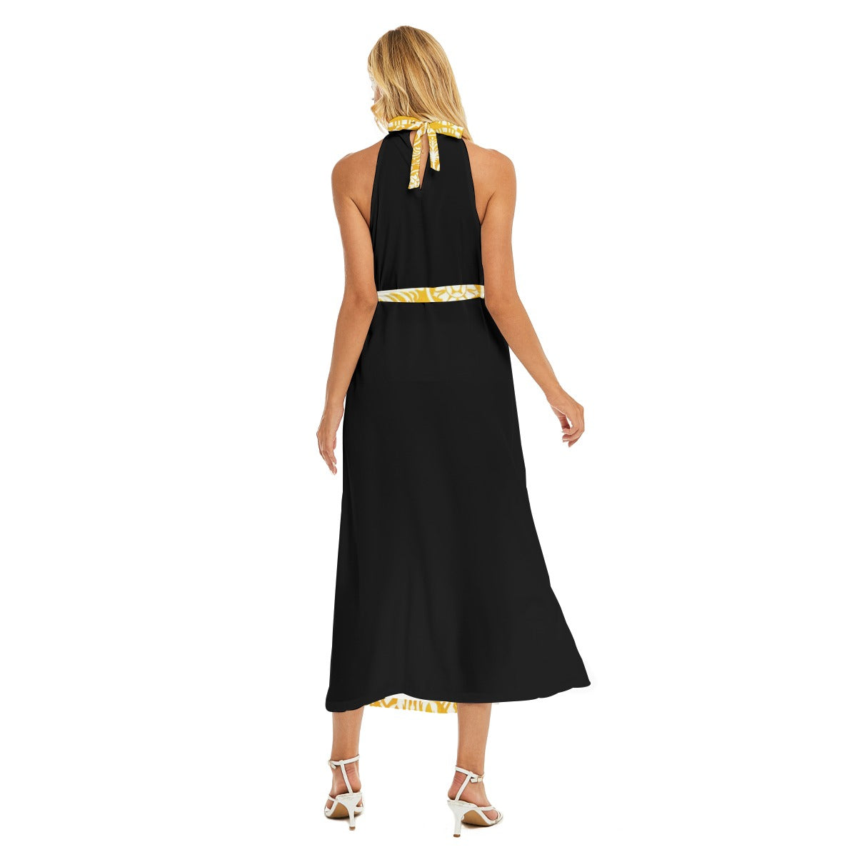 Flattering Women's Halter Dress with Stylish Belt and Print - Back View