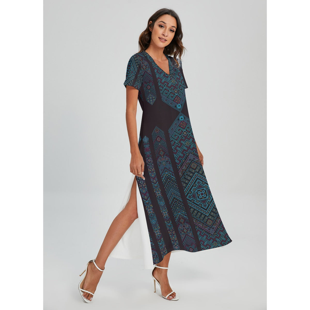 All-Over Print Women's V-neck Dress With Side Slit