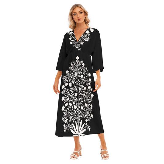 Statement Print Mid-Sleeve Long Dress for Women - Front View