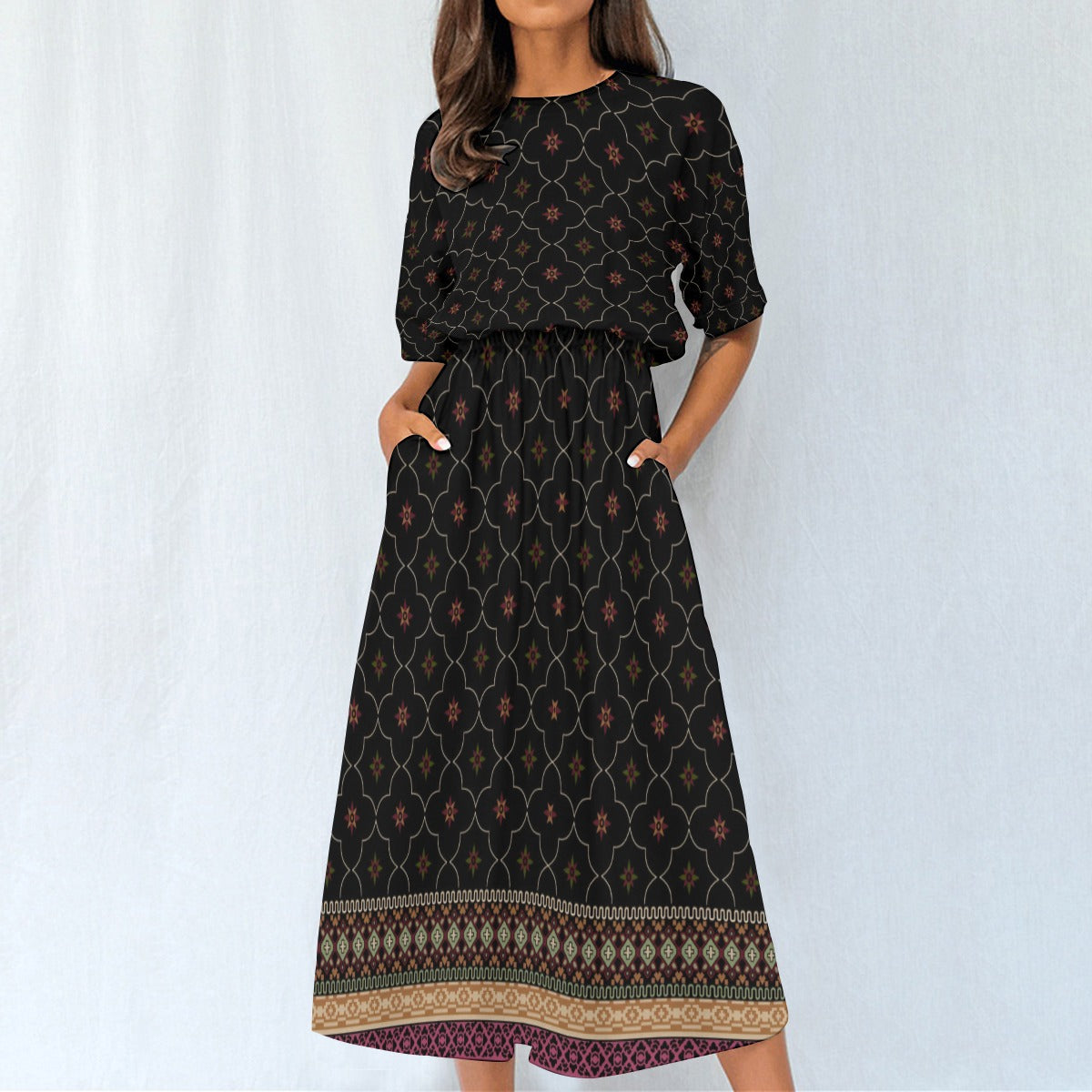 Stylish Printed Women's Dress with Elastic Waist - Front View 3