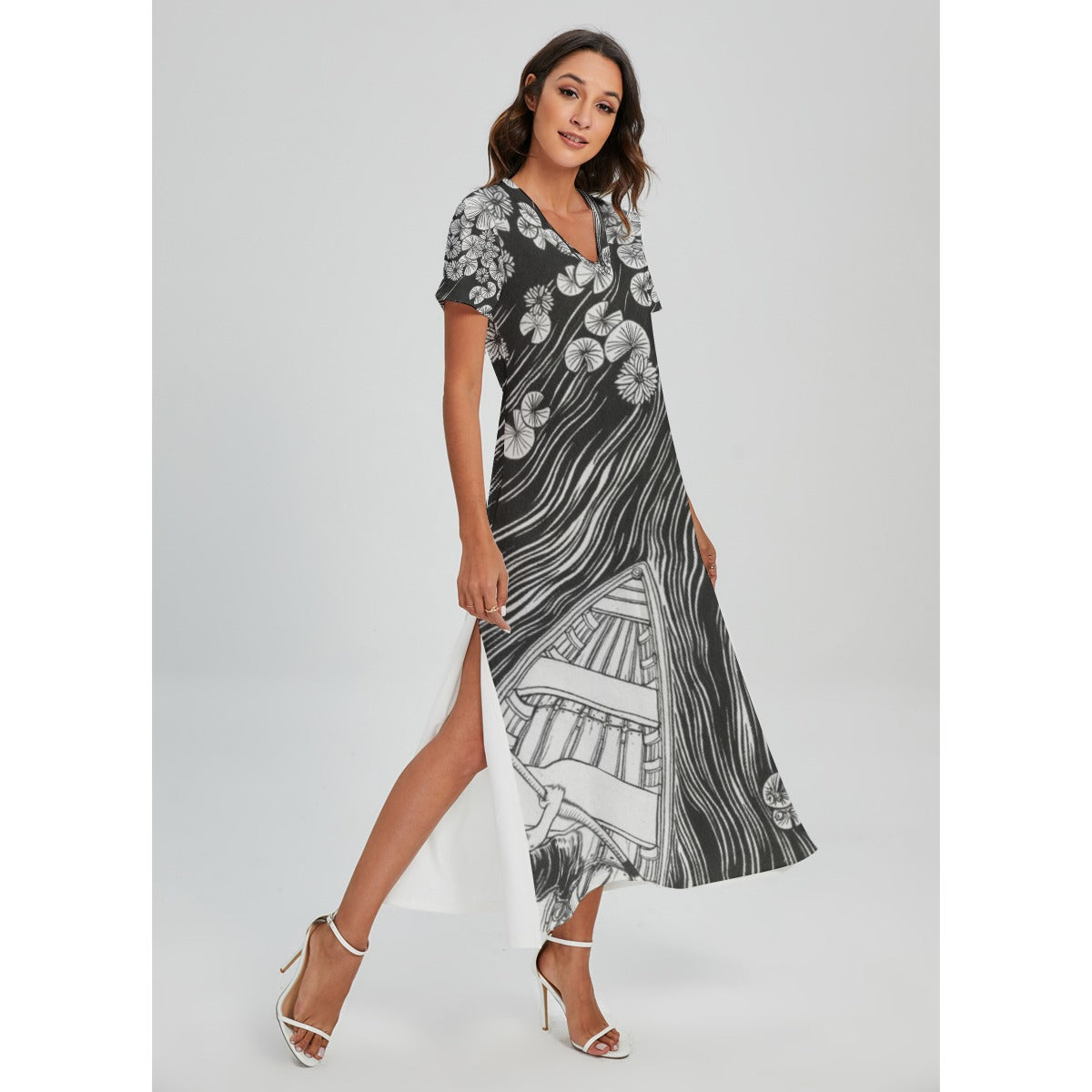 Contemporary Print V-Neck Women's Dress with Side Slit - Front Right View