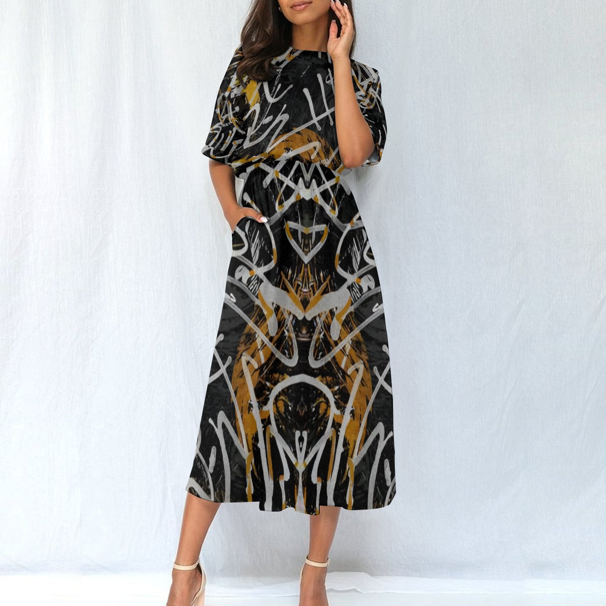 Women's Artistic Print Elastic Waist Dress - Front View 1