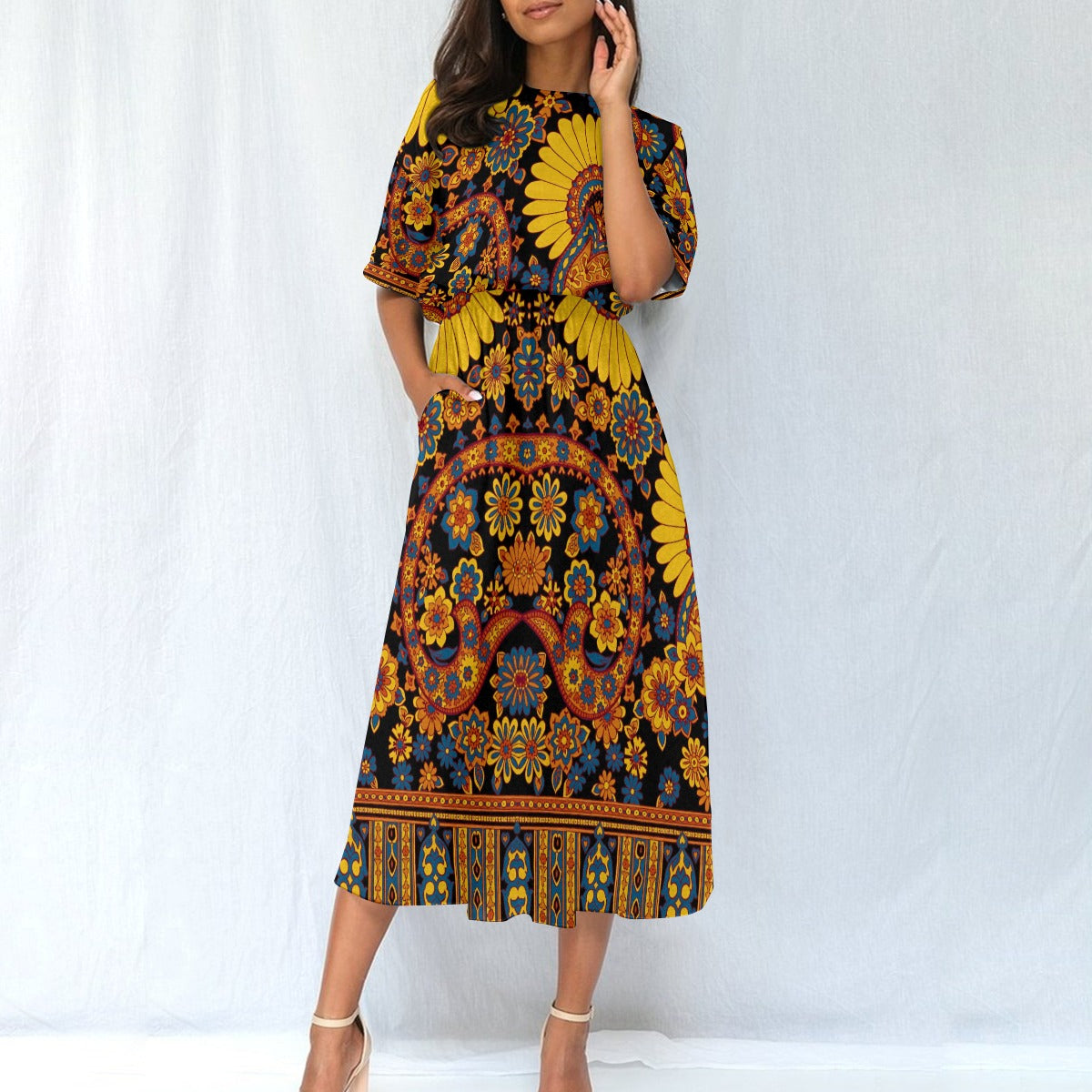 Bold Print Elastic Waist Midi Dress - Front View 1