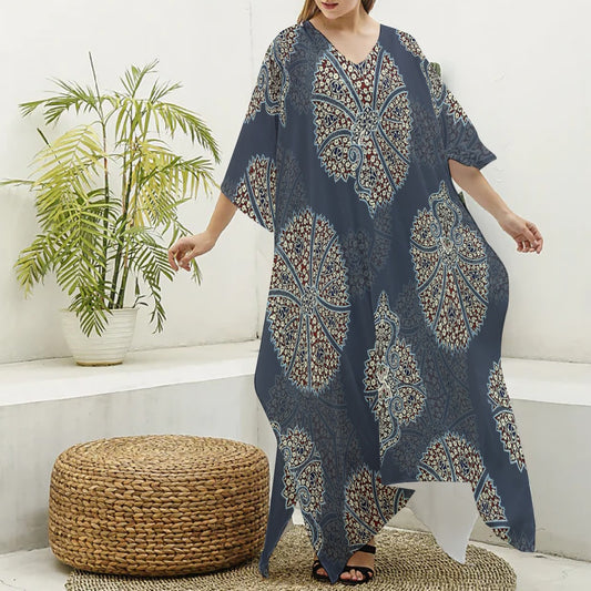 All-Over Print Women's Imitation Silk V-neck Kaftan Robe