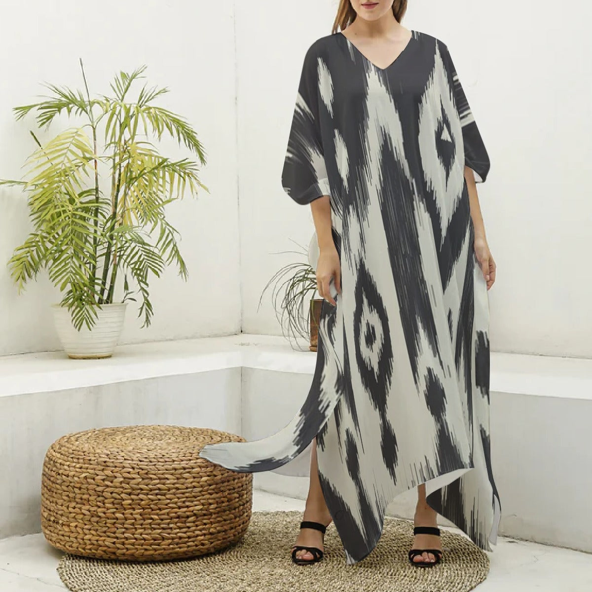 Women's Imitation Silk V-neck Kaftan Robe - front view