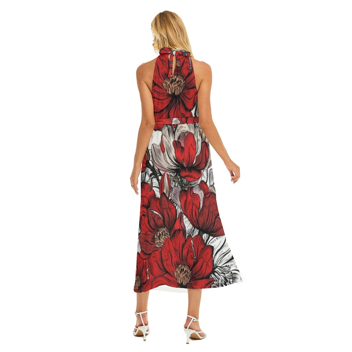 Summer Vibes Belted Halter Dress with All-Over Pattern - Back View