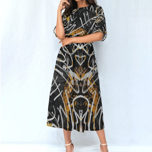 Women's Artistic Print Elastic Waist Dress - Front View 