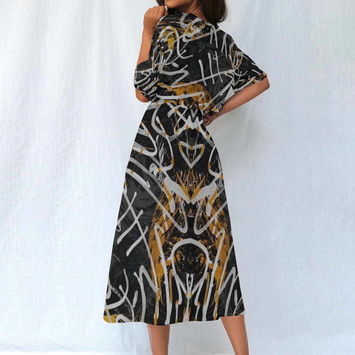 Women's Artistic Print Elastic Waist Dress - Back View