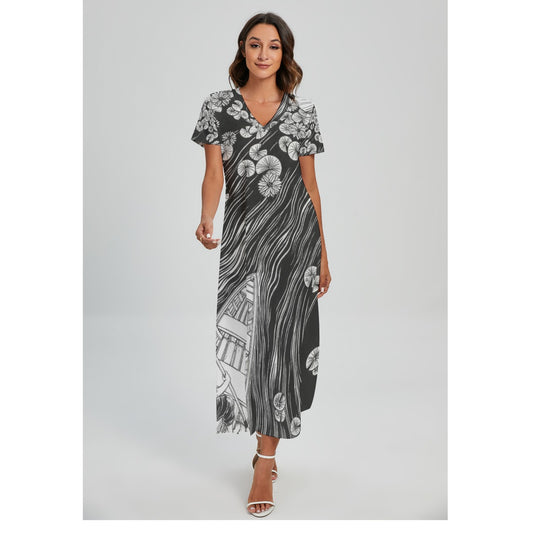 Contemporary Print V-Neck Women's Dress with Side Slit - Front View