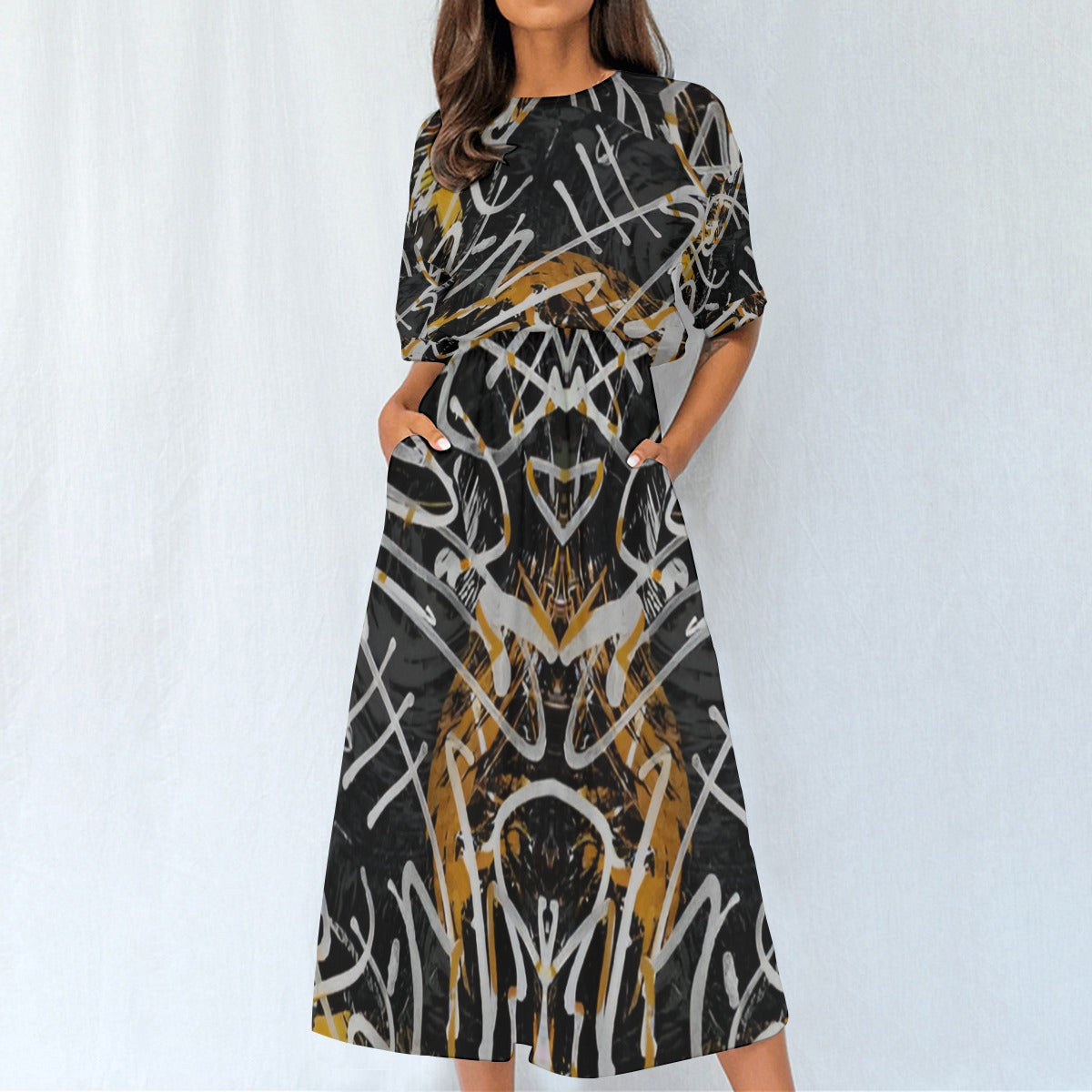 Women's Artistic Print Elastic Waist Dress - Front View 2