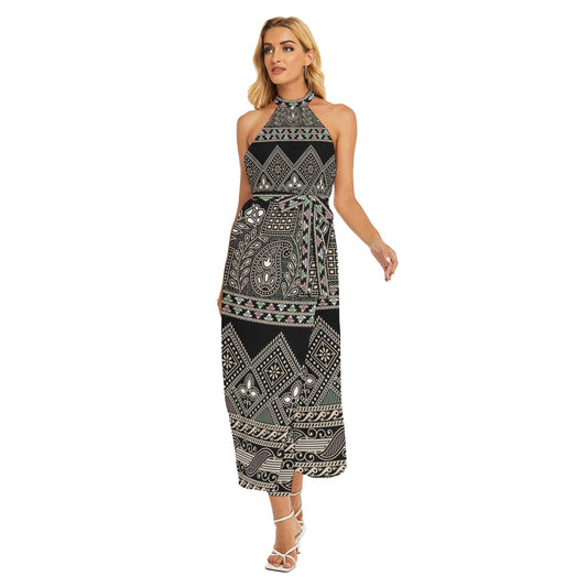 All-Over Print Women's Wrap Hem Belted Halter Dress