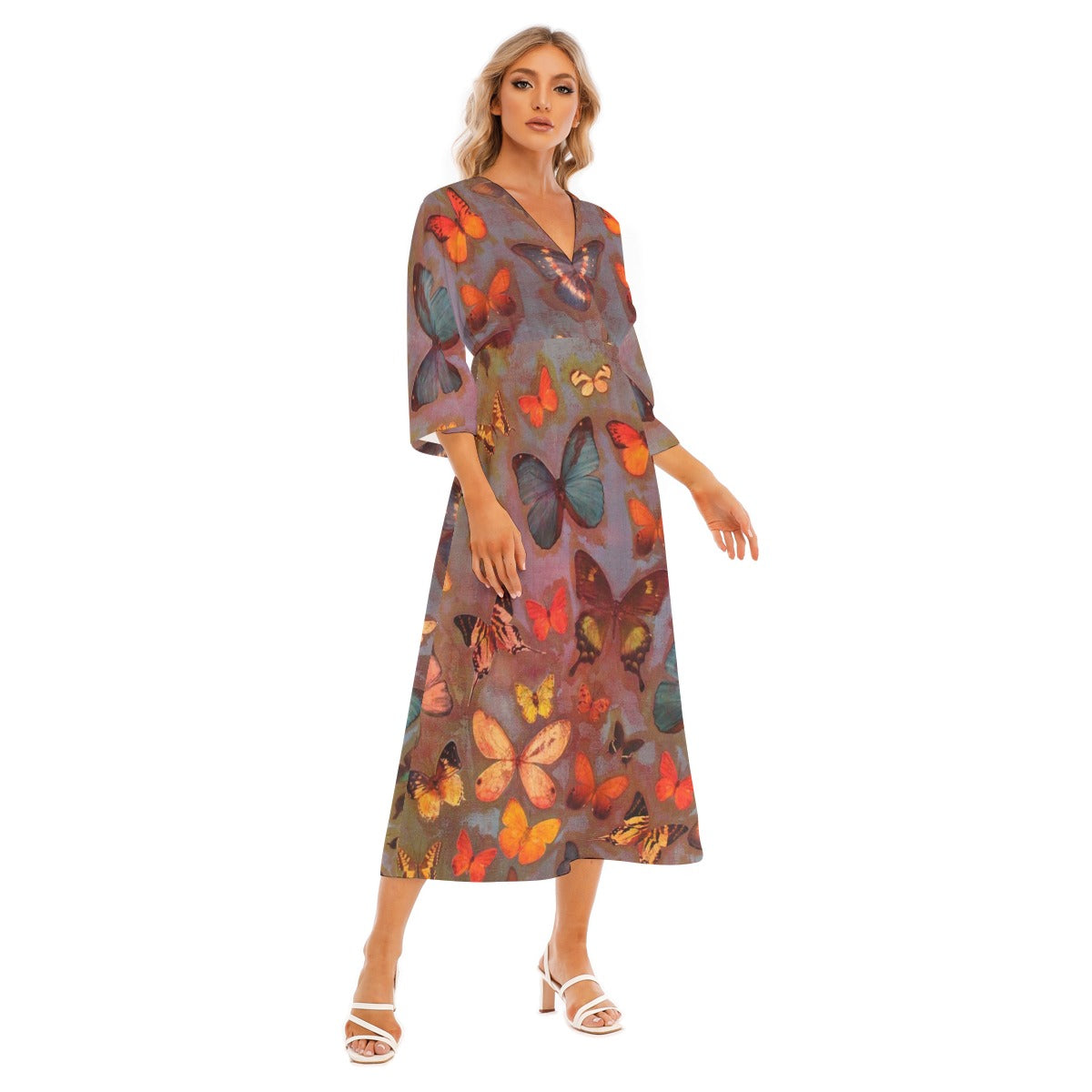 Bold Art Print Mid-Sleeve Dress for Effortless Elegance - ront Right Side View