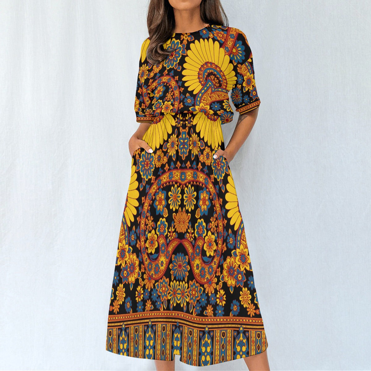 Bold Print Elastic Waist Midi Dress - Front View 2