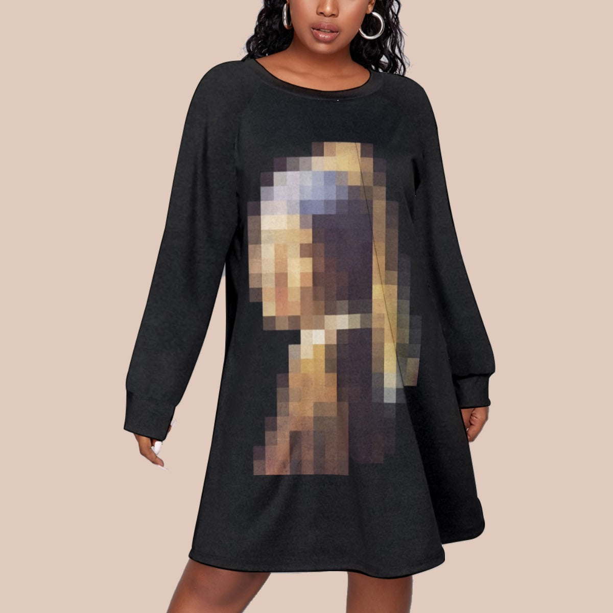 Trendy Plus-Size Women's Dress with Printed Raglan Sleeves  - Front View