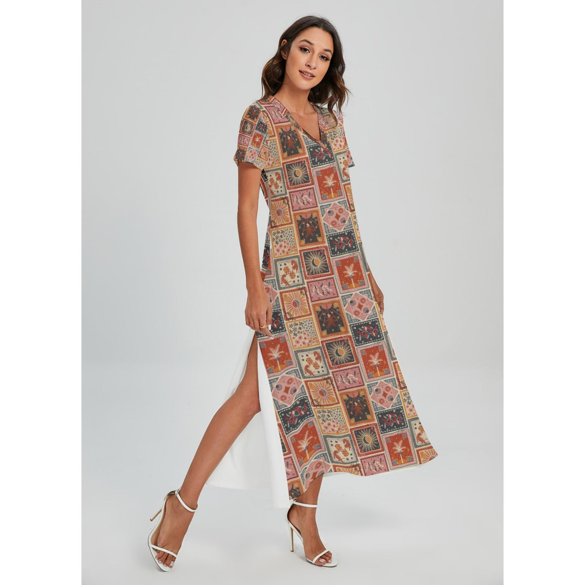 All-Over Print Women's V-neck Dress With Side Slit