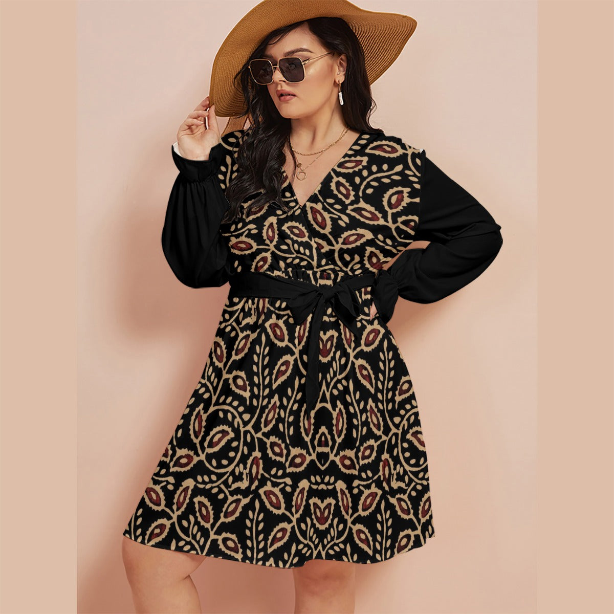 Beautifully Printed Plus Size V-Neck Dress with a Flattering Fit - Front View