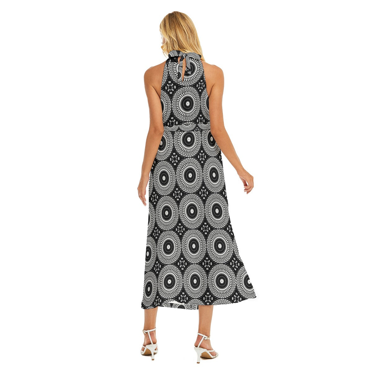 Summer Ready Women's Printed Belted Halter Dress - Back View