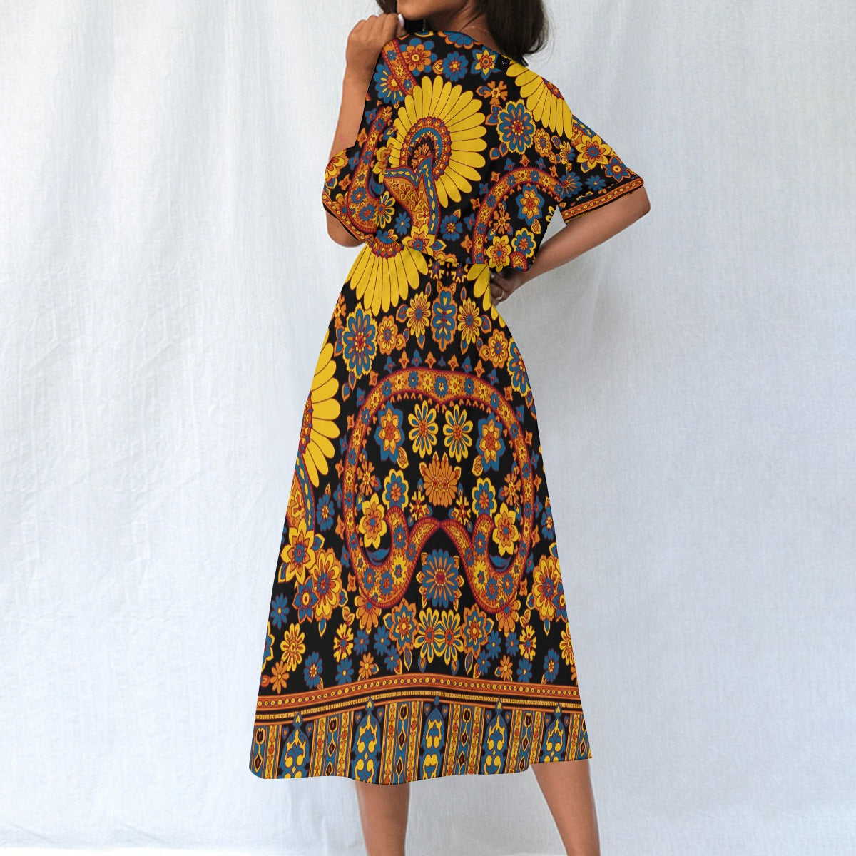 Bold Print Elastic Waist Midi Dress - Back View