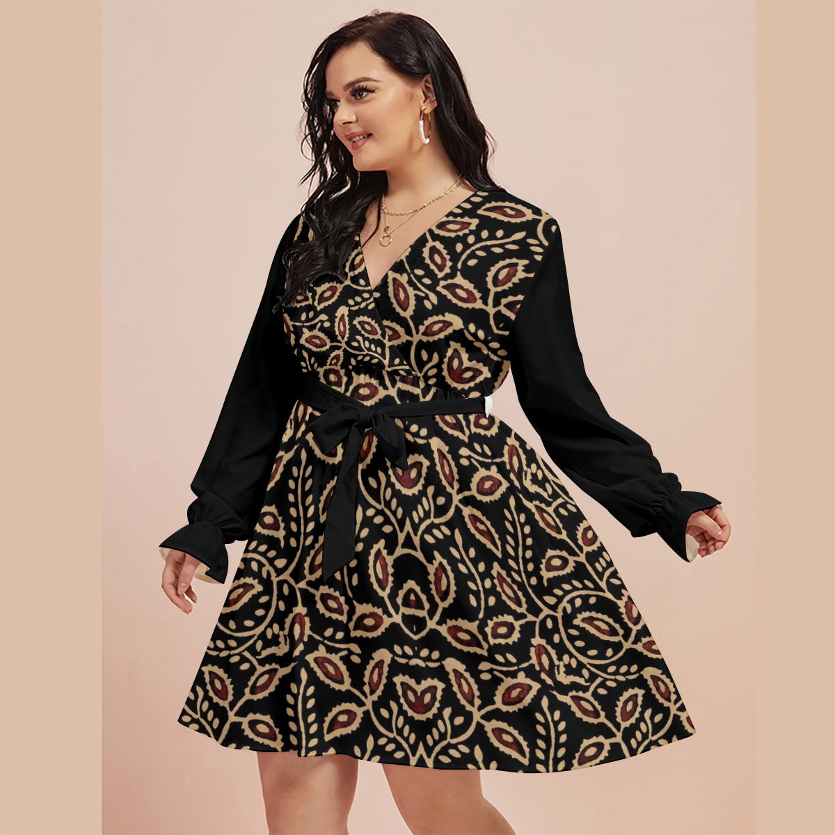 Beautifully Printed Plus Size V-Neck Dress with a Flattering Fit - Front View 1