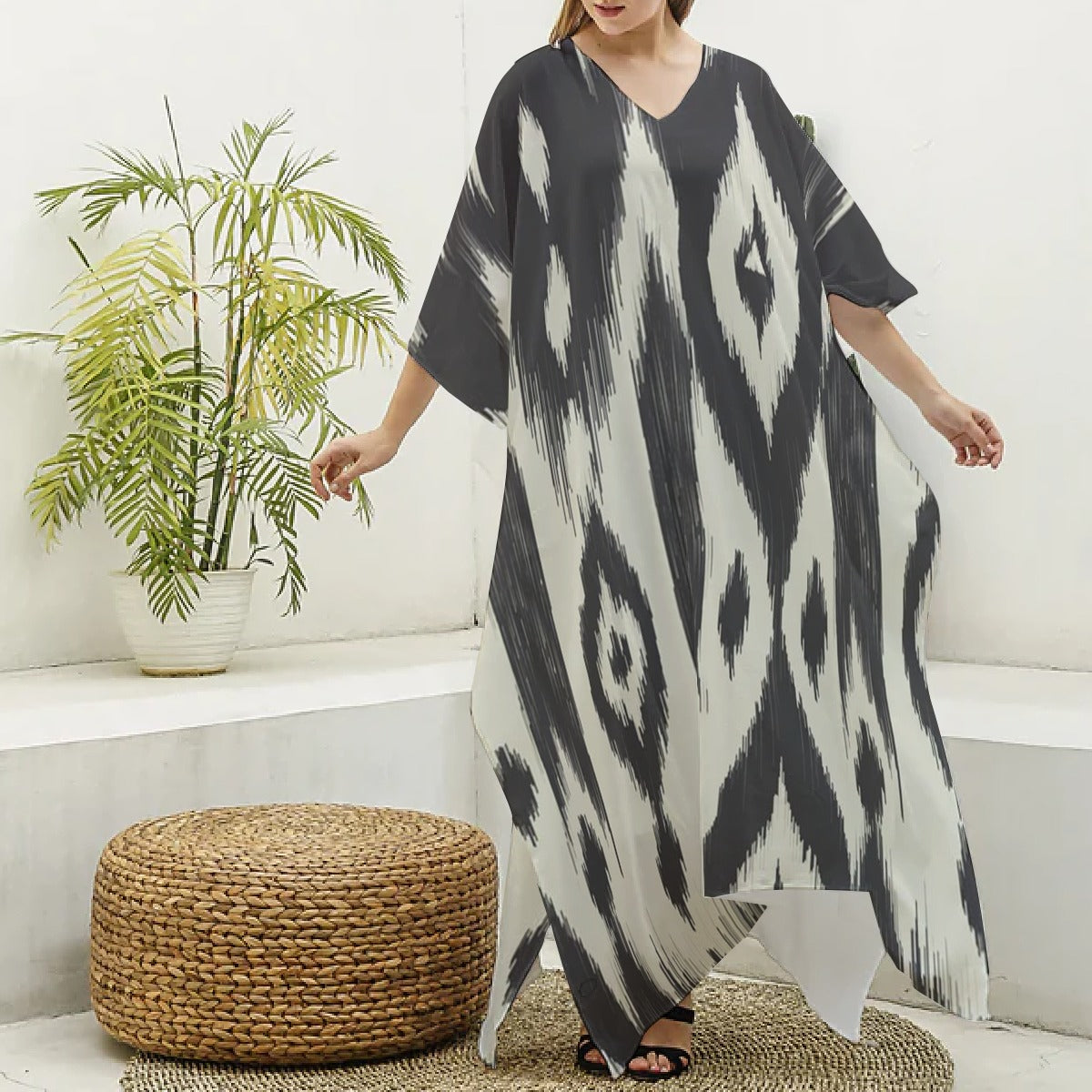 Women's Imitation Silk V-neck Kaftan Robe - Front view 1