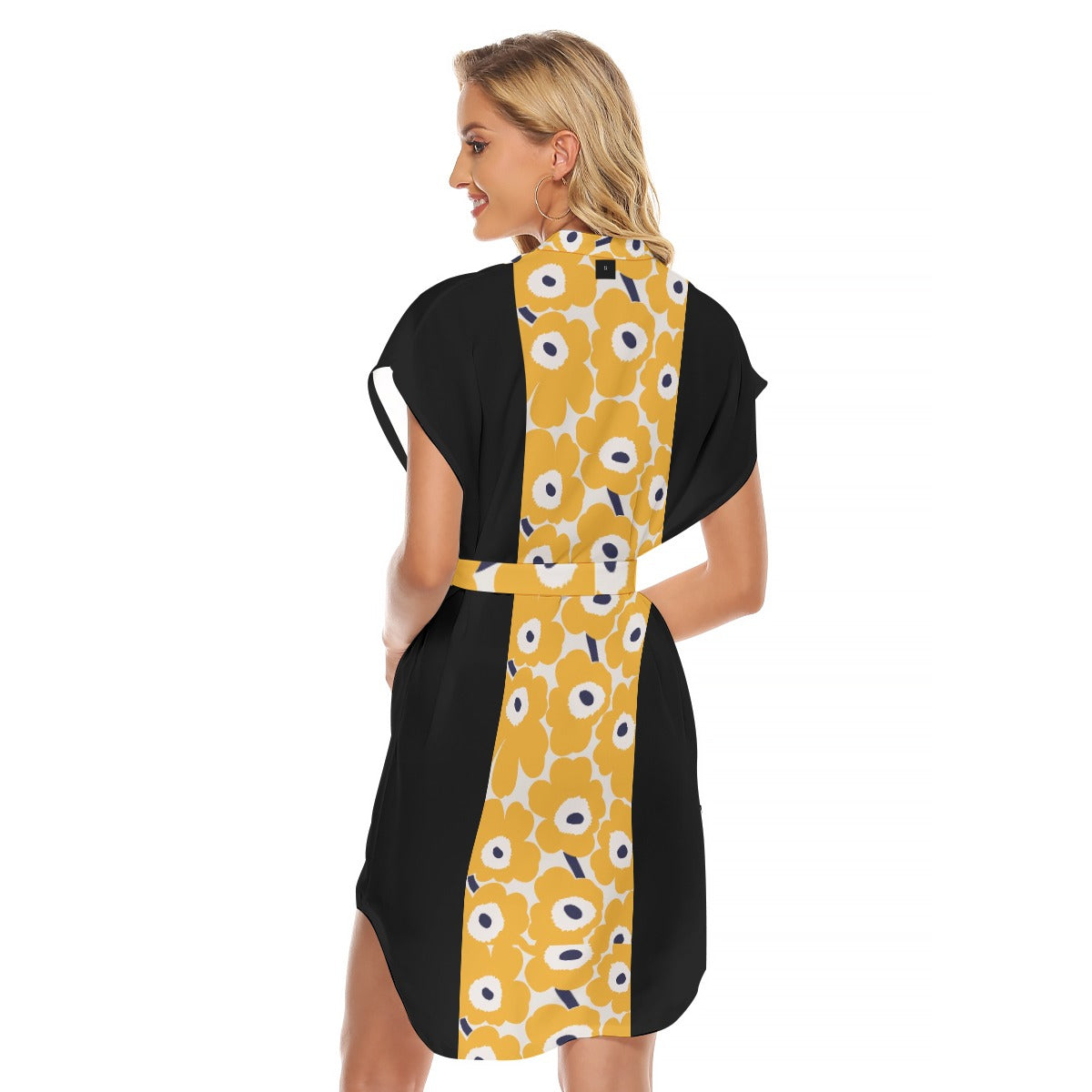 Versatile Women's Dress With Stand-Up Collar And Belt Detail - Back View