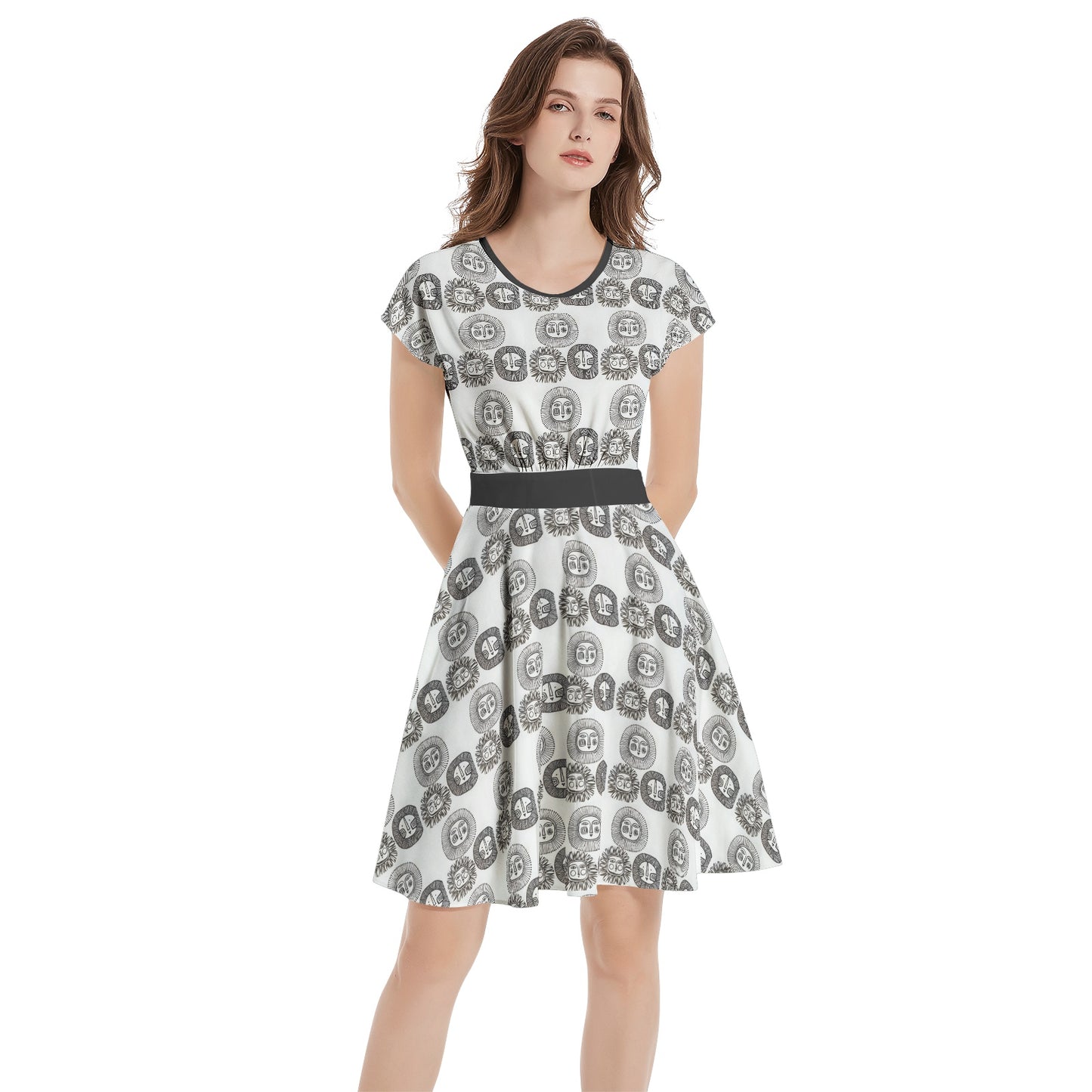 Short Sleeve Casual A-Line Midi Dress - Front view