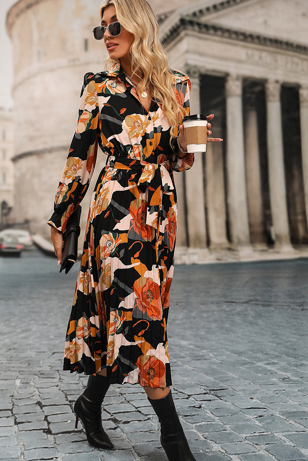 Multicolor Floral Print Waist Tie Pleated Midi Shirt Dress - Right Side View