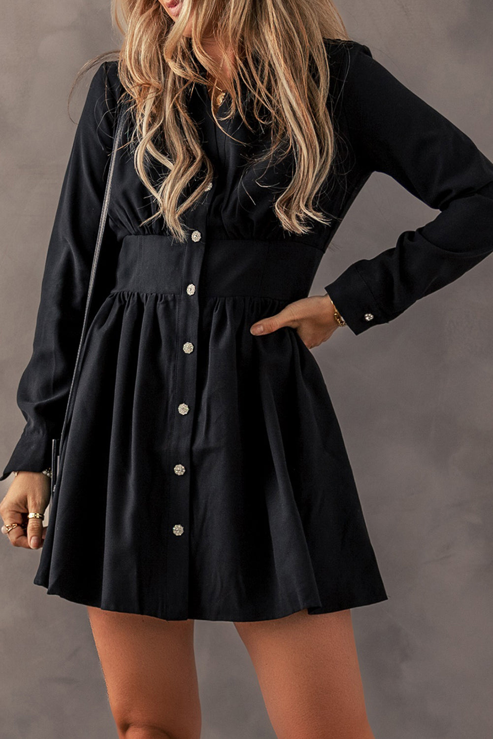 Black Elastic Cinched High Waist Long Sleeve Shirt Mini Dress - Front View 1