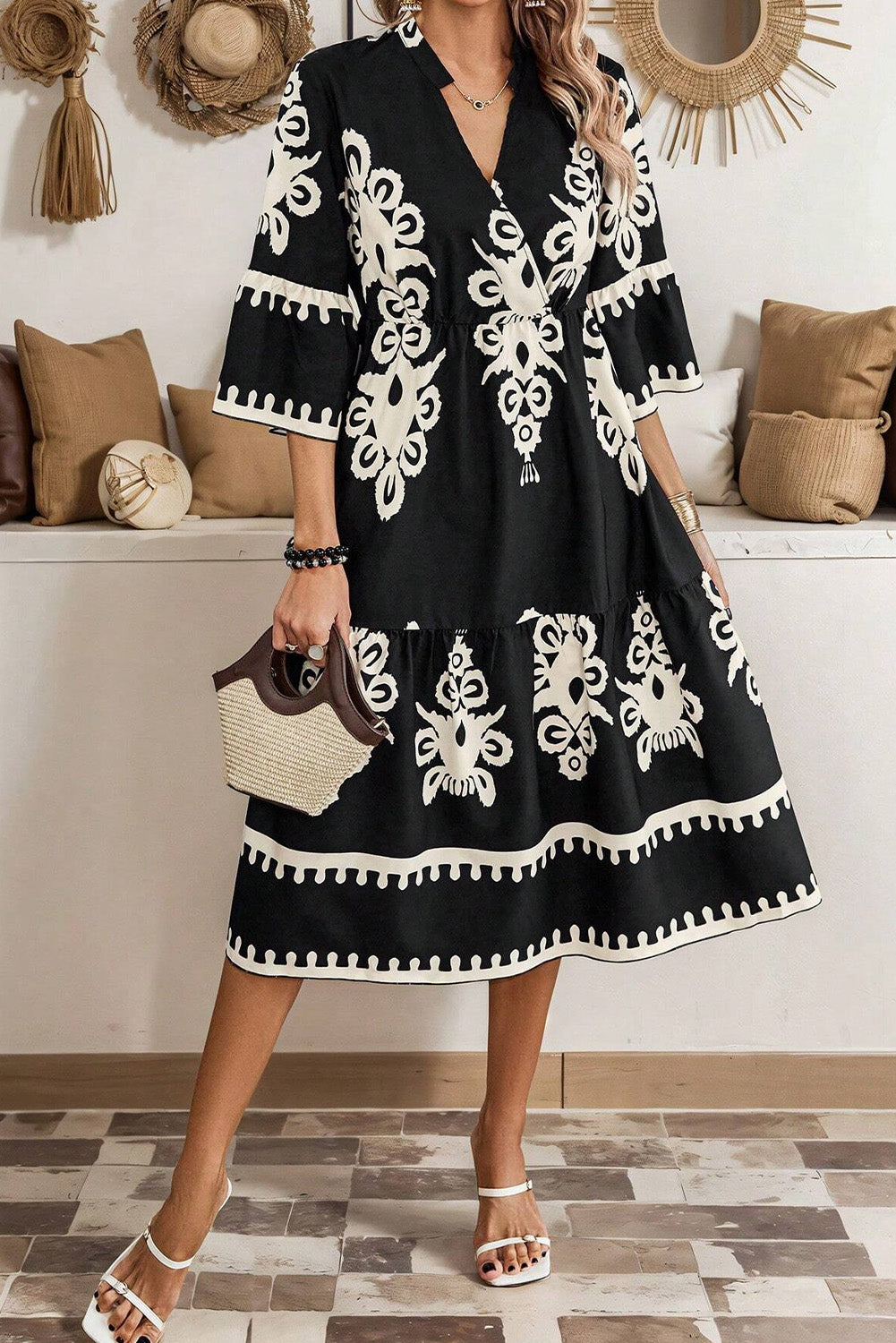 Black Western Geometric Print 3/4 Sleeve Loose Midi Dress - Front View 2