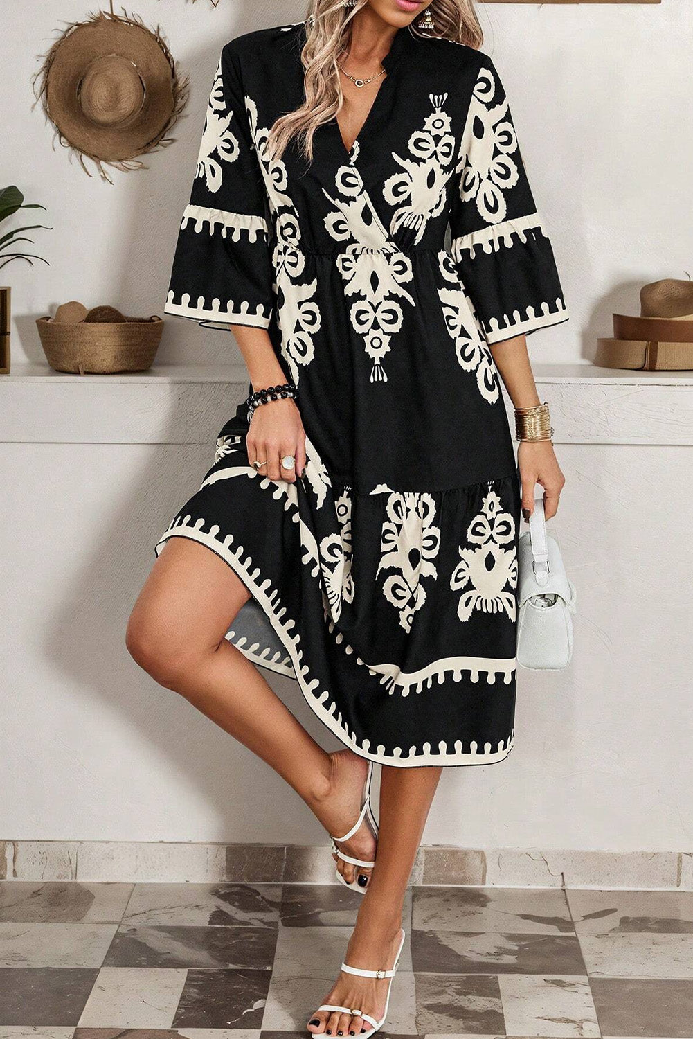 Black Western Geometric Print 3/4 Sleeve Loose Midi Dress - Front View 1