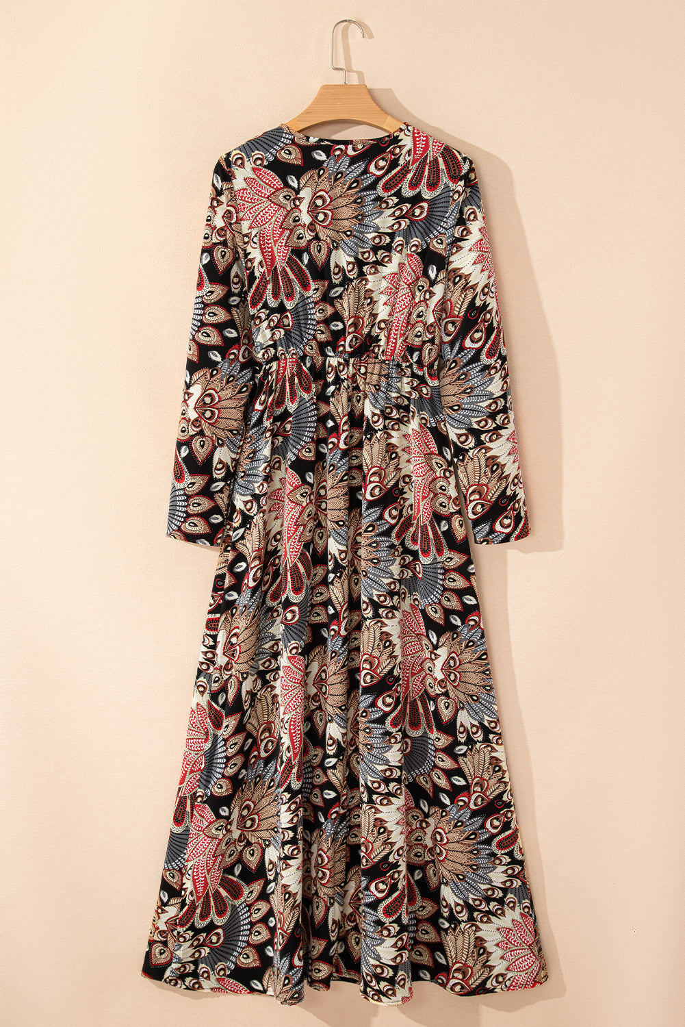 Black Floral Print V Neck Wrap High Waist Maxi Dress - Back View